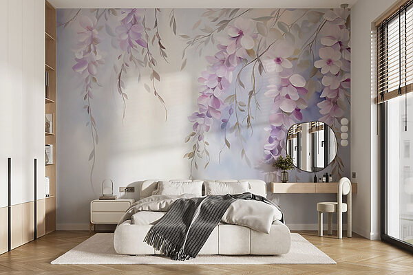 Schilderij van bloemen op een tak Fotobehang Schilderij van bloemen op een tak