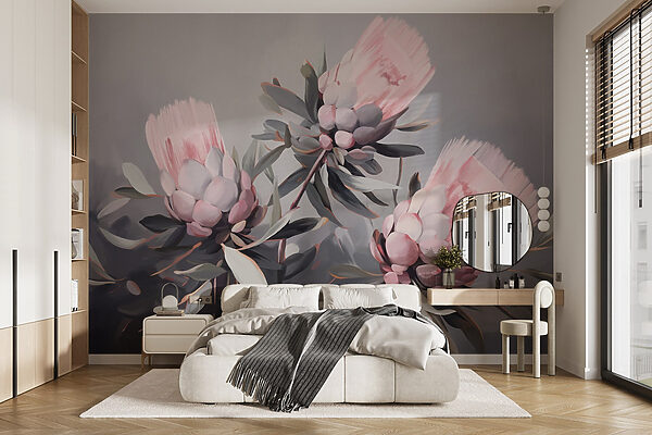 Fotobehang Schilderij van roze bloemen