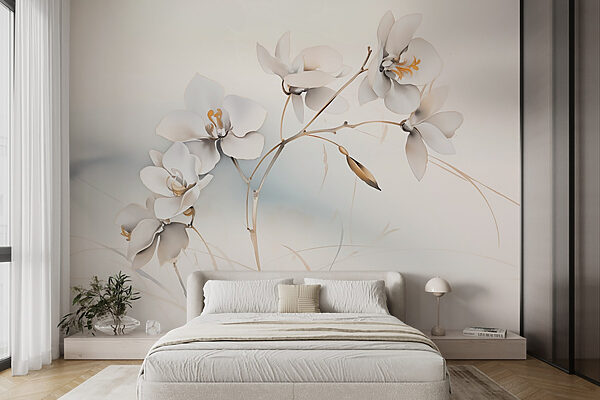 Witte bloemen aan een tak Fotobehang Witte bloemen aan een tak