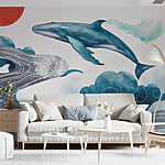 Fotobehang Walvis en water met een rode zon