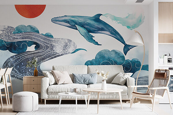 Walvis en water met een rode zon Fotobehang Walvis en water met een rode zon