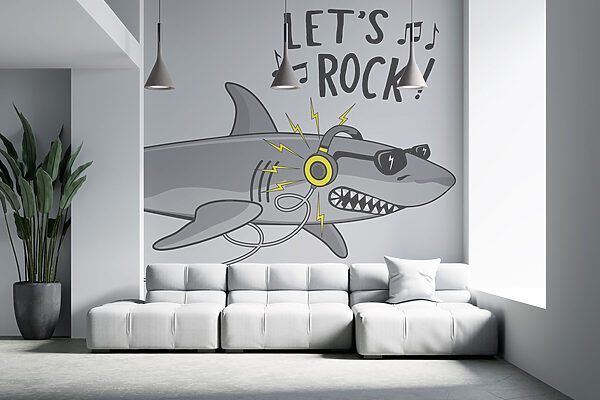 Cartoon haai met koptelefoon Fotobehang Cartoon haai met koptelefoon