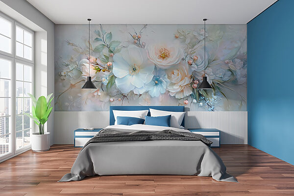 Schilderij van bloemen en bladeren Fotobehang Schilderij van bloemen en bladeren