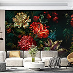 Fotobehang Schilderij van bloemen op een donkere achtergrond
