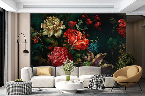 Schilderij van bloemen op een donkere achtergrond Fotobehang Schilderij van bloemen op een donkere achtergrond