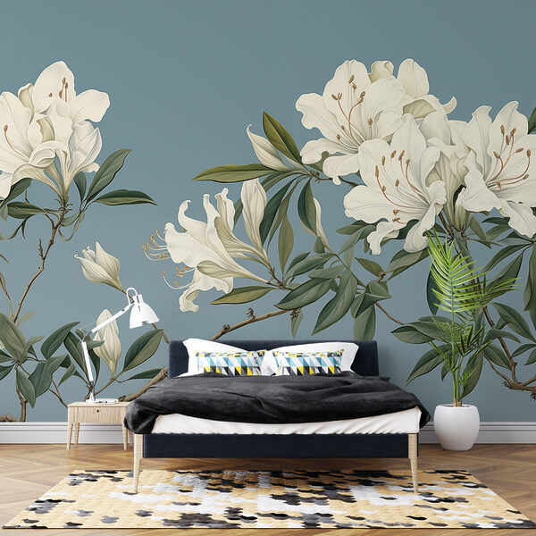 Witte bloemen aan een tak Fotobehang Witte bloemen aan een tak