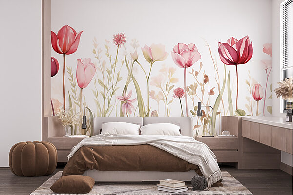 Schilderen van bloemen en gras Fotobehang Schilderen van bloemen en gras