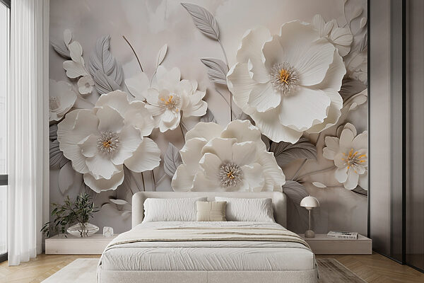Witte bloemen op een muur Fotobehang Witte bloemen op een muur