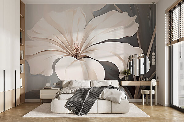 Witte bloem op grijze achtergrond Fotobehang Witte bloem op grijze achtergrond