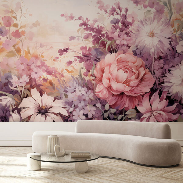 Schilderij van bloemen en bladeren Fotobehang Schilderij van bloemen en bladeren