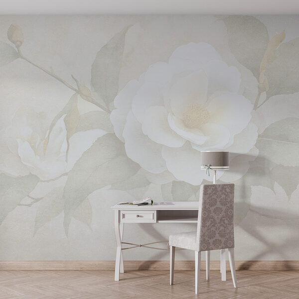 Witte bloem met groene bladeren Fotobehang Witte bloem met groene bladeren