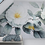 Fotobehang Witte bloem met groene bladeren