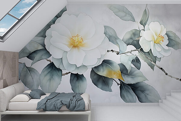 Witte bloem met groene bladeren Fotobehang Witte bloem met groene bladeren