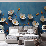 Fotobehang Groep witte bloemen op een blauwe achtergrond