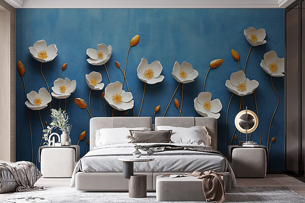 Groep witte bloemen op een blauwe achtergrond Fotobehang Groep witte bloemen op een blauwe achtergrond