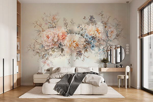 Schilderij van bloemen op een wit oppervlak Fotobehang Schilderij van bloemen op een wit oppervlak