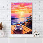 Canvas Schilderijen Kopje koffie op een tafel met uitzicht op het water