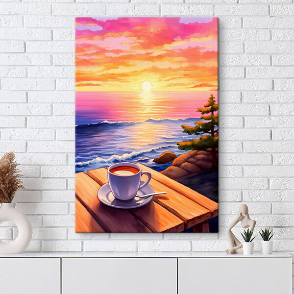Kopje koffie op een tafel met uitzicht op het water Canvas Schilderijen Kopje koffie op een tafel met uitzicht op het water