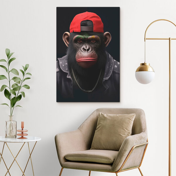 Chimpansee met rode hoed en jas Canvas Schilderijen Chimpansee met rode hoed en jas