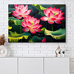 Canvas Schilderijen Groep roze bloemen met groene bladeren