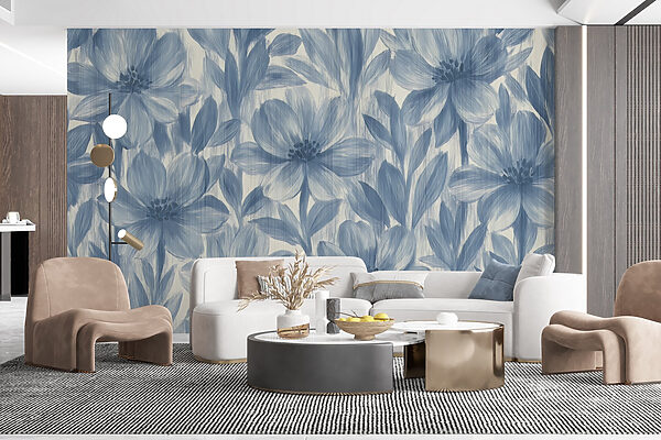 Levendige bloemmotieven in blauwe tinten Fotobehang Levendige bloemmotieven in blauwe tinten