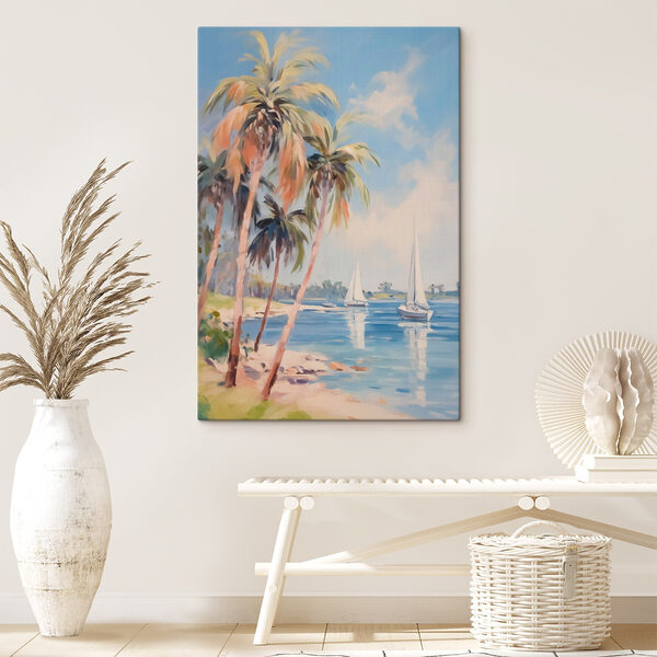 Schilderij van een strand met palmbomen en boten Canvas Schilderijen Schilderij van een strand met palmbomen en boten