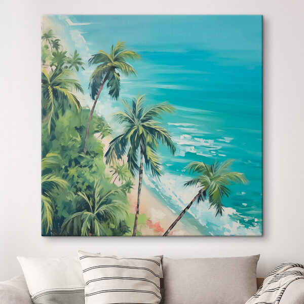 Strand met palmbomen en blauw water Canvas Schilderijen Strand met palmbomen en blauw water