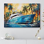 Canvas Schilderijen Blauwe boot in water met palmbomen