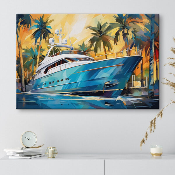 Blauwe boot in water met palmbomen Canvas Schilderijen Blauwe boot in water met palmbomen