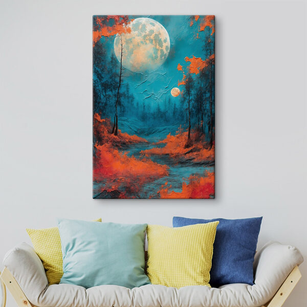 Schilderij van een bos met oranje bladeren en een volle maan Canvas Schilderijen Schilderij van een bos met oranje bladeren en een volle maan