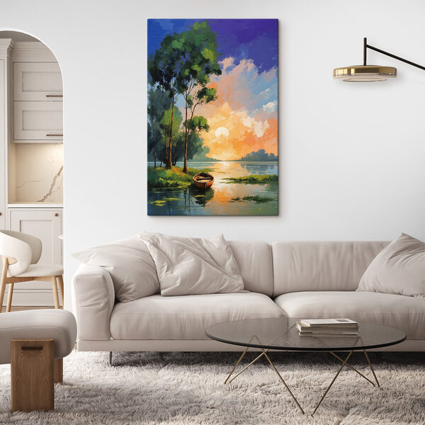 Schilderij van een boot op een meer Canvas Schilderijen Schilderij van een boot op een meer
