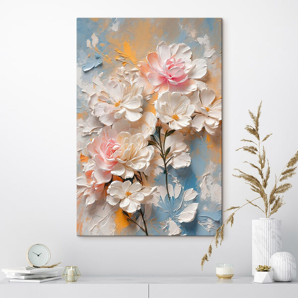 Schilderij van bloemen op een blauwe en gele achtergrond Canvas Schilderijen Schilderij van bloemen op een blauwe en gele achtergrond