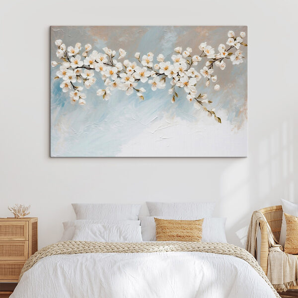 Schilderij van witte bloemen op een tak Canvas Schilderijen Schilderij van witte bloemen op een tak