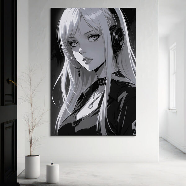 Vrouw met lang blond haar die een koptelefoon draagt Canvas Schilderijen Vrouw met lang blond haar die een koptelefoon draagt