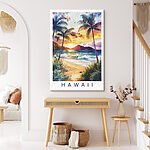 Canvas Schilderijen Aquarel van een strand met palmbomen en golven