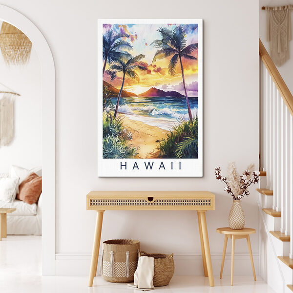 Aquarel van een strand met palmbomen en golven Canvas Schilderijen Aquarel van een strand met palmbomen en golven