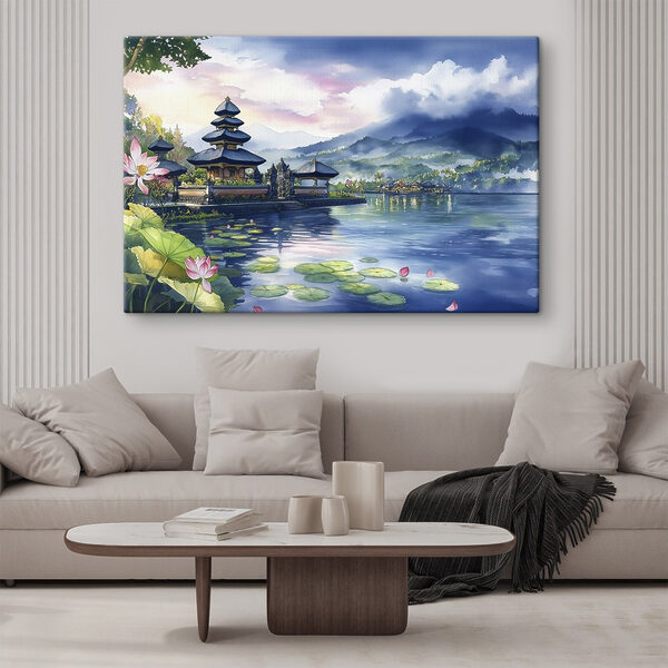 Aquarelverfschilderij van een meer met een pagode en leliebladzijden Canvas Schilderijen Aquarelverfschilderij van een meer met een pagode en leliebladzijden