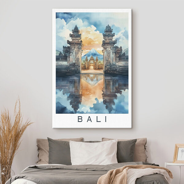 Aquarel van een tempel met een berg op de achtergrond Canvas Schilderijen Aquarel van een tempel met een berg op de achtergrond