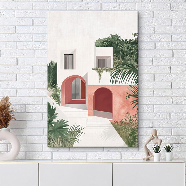 Wit en roze huis met bomen Canvas Schilderijen Wit en roze huis met bomen