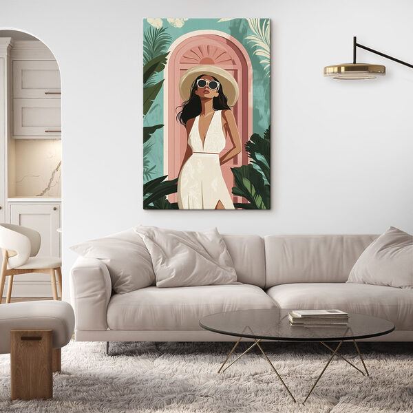 Vrouw met witte jurk en hoed Canvas Schilderijen Vrouw met witte jurk en hoed