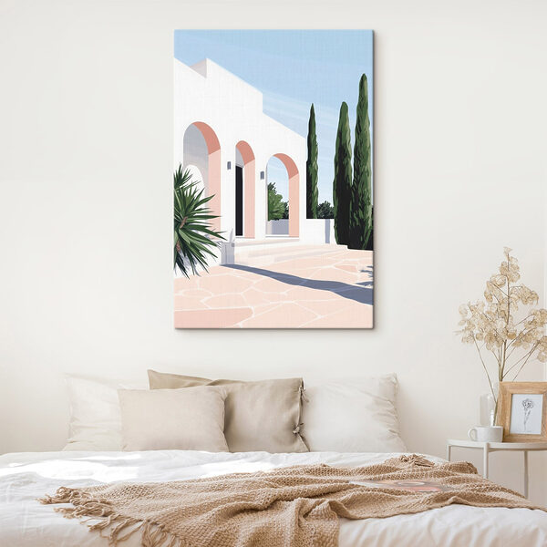 Wit gebouw met roze bogen en bomen Canvas Schilderijen Wit gebouw met roze bogen en bomen