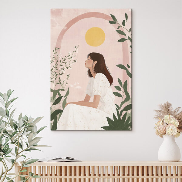 Zittende vrouw in een witte jurk Canvas Schilderijen Zittende vrouw in een witte jurk