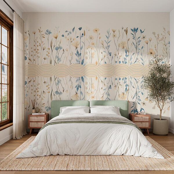 Bloemenpatroon met blauwe en witte bloemen Fotobehang Bloemenpatroon met blauwe en witte bloemen