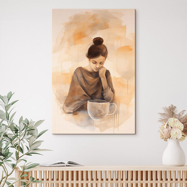 Vrouw met haar hand op haar gezicht kijkt neer op een kop koffie Canvas Schilderijen Vrouw met haar hand op haar gezicht kijkt neer op een kop koffie