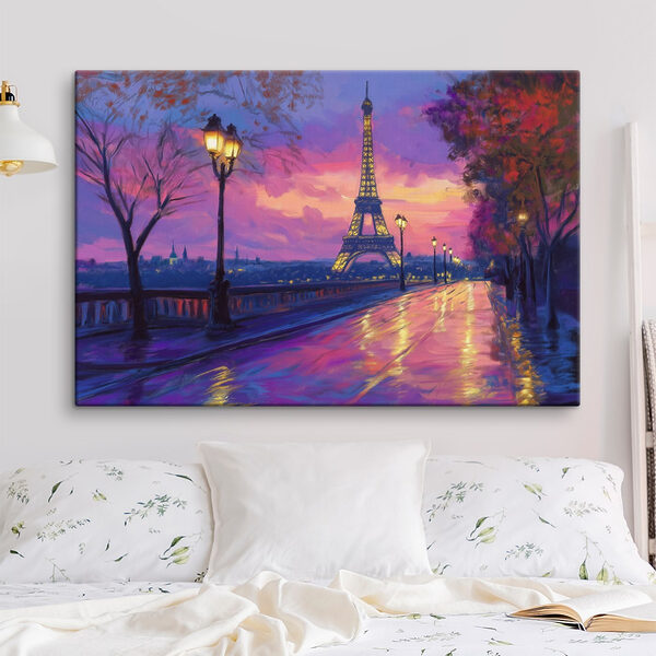 Straat met een verlichte toren in de verte Canvas Schilderijen Straat met een verlichte toren in de verte