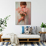 Canvas Schilderijen Schilderij van een man die bloemen ruikt