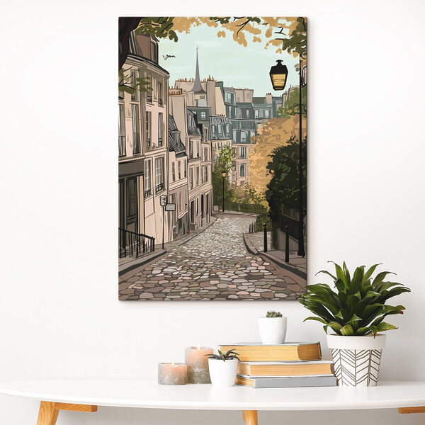 Straat met gebouwen en een lantaarnpaal Canvas Schilderijen Straat met gebouwen en een lantaarnpaal