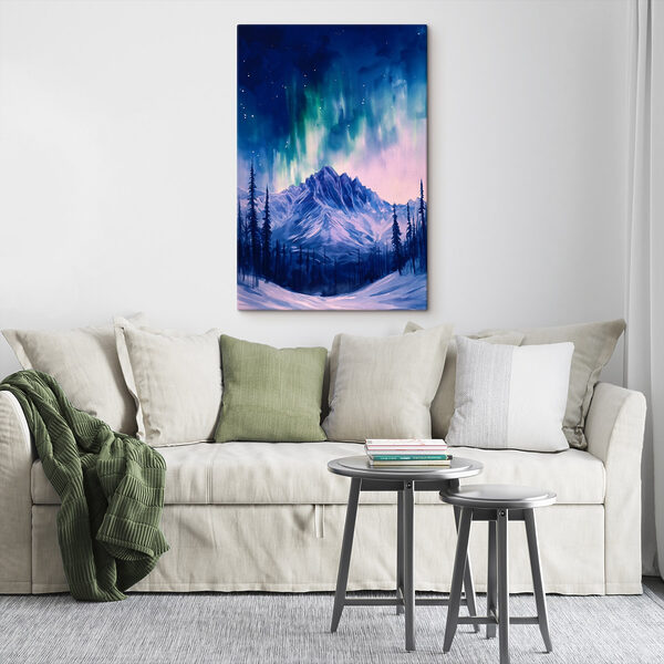 Schilderij van een berg met bomen en aurora borealis Canvas Schilderijen Schilderij van een berg met bomen en aurora borealis