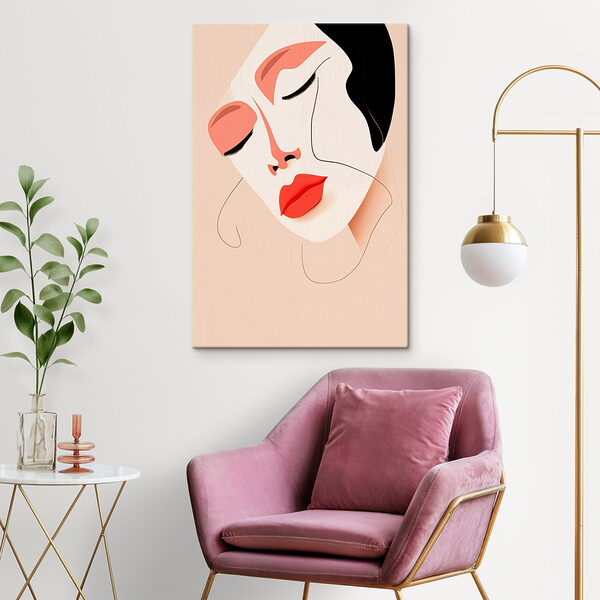 Vrouw met rode lippen en zwarte vlekken op haar gezicht Canvas Schilderijen Vrouw met rode lippen en zwarte vlekken op haar gezicht