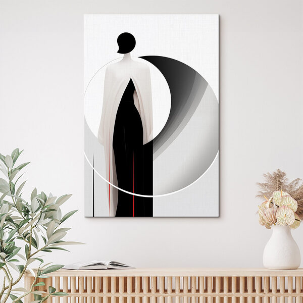 Vrouw die een zwart-witte jurk draagt Canvas Schilderijen Vrouw die een zwart-witte jurk draagt